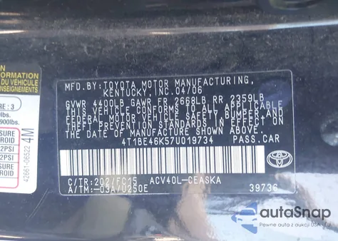 2007 Toyota Camry Se z USA, uszkodzony, nr VIN 4T1BE46K57U019734